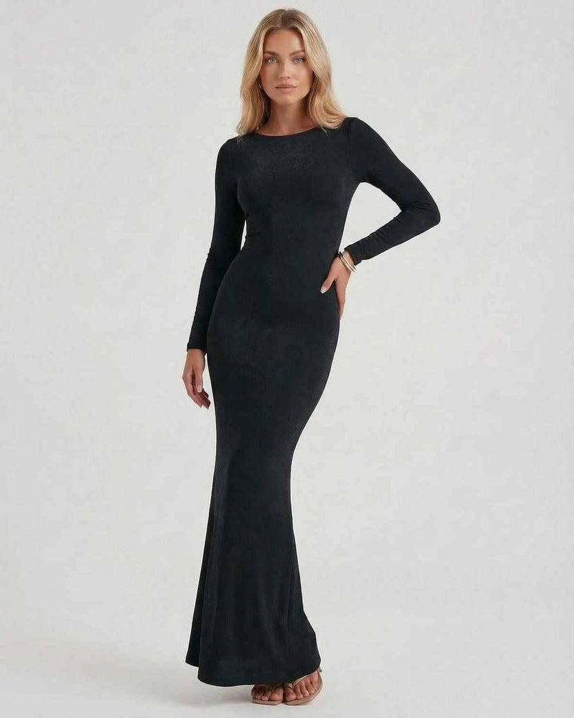 Noir Maxi Dress by Lauven, elegant black long sleeve with open back, luxurious stretch fabric for a flattering fit.
