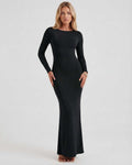 Noir Maxi Dress by Lauven – Elegant black long sleeve maxi dress with open back and luxurious stretch fabric.