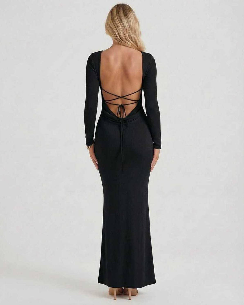 Lauven Noir Maxi Dress featuring an elegant open back and long sleeves in luxurious black fabric.