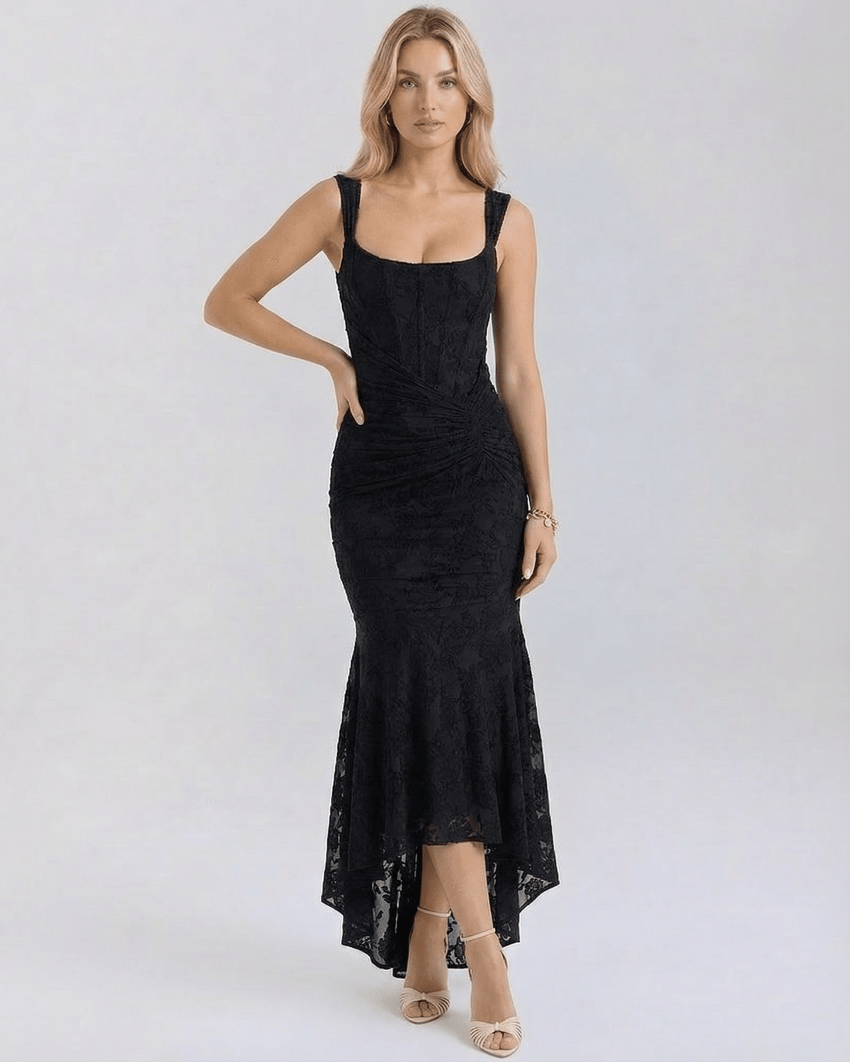 Noir Maxi Dress by Lauven, elegant square collar jacquard dress in black with pleated detailing and fish tail hem.