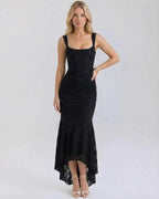 Noir Maxi Dress by Lauven - Elegant square collar black jacquard dress with pleated detailing and flowing fish tail hem.