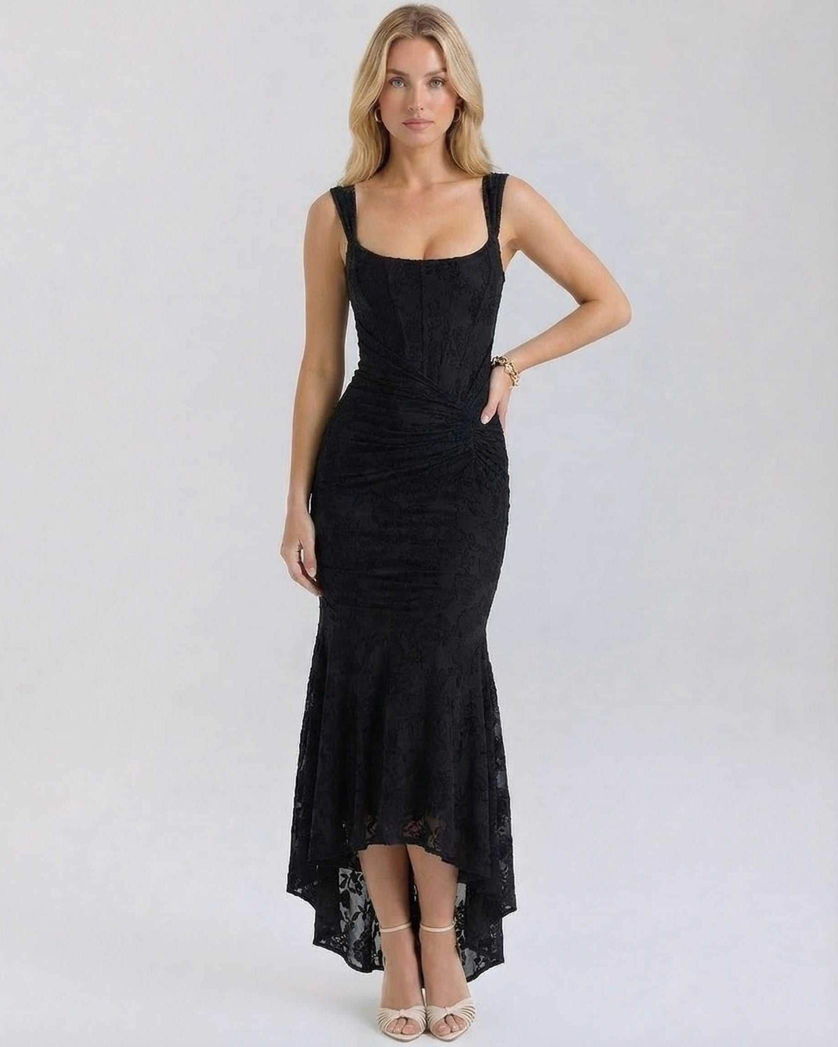 Noir Maxi Dress by Lauven - Elegant square collar black jacquard dress with pleated detailing and flowing fish tail hem.