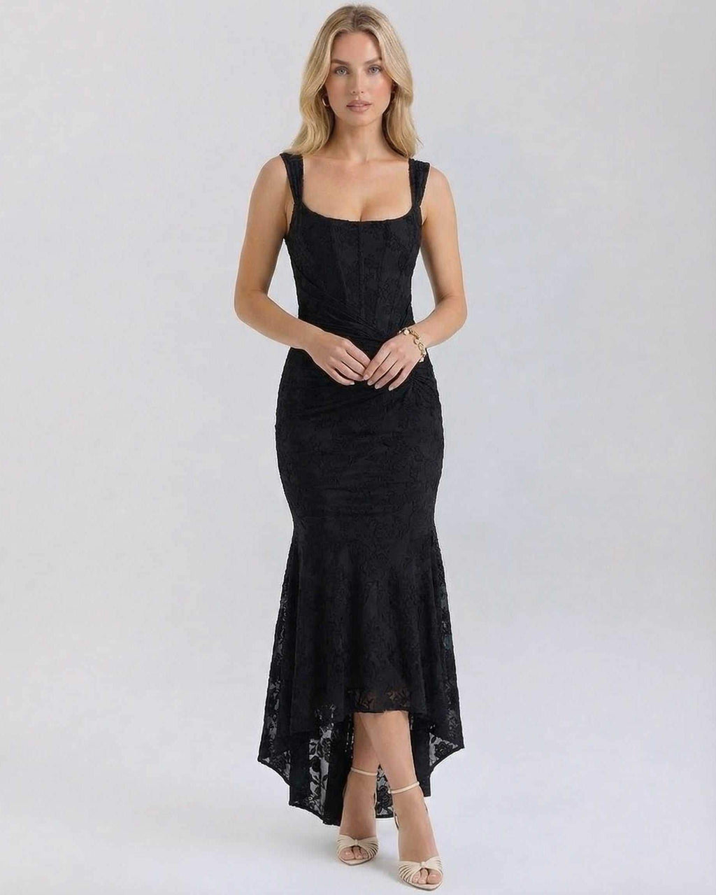 Noir Maxi Dress by Lauven - Elegant black jacquard dress with square neckline and flowing fish tail hem.