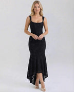 Noir Maxi Dress by Lauven - Elegant black jacquard dress with square neckline and flowing fish tail hem.
