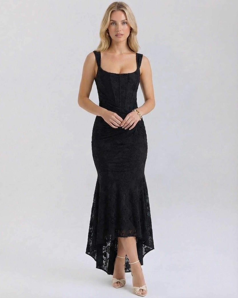 Noir Maxi Dress by Lauven - Elegant black jacquard dress with square neckline and flowing fish tail hem.