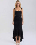 Noir Maxi Dress by Lauven - Elegant black jacquard dress with square neckline and flowing fish tail hem.