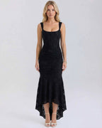 Noir Maxi Dress by Lauven - Elegant black jacquard dress with square neckline and flowing fish tail hem.