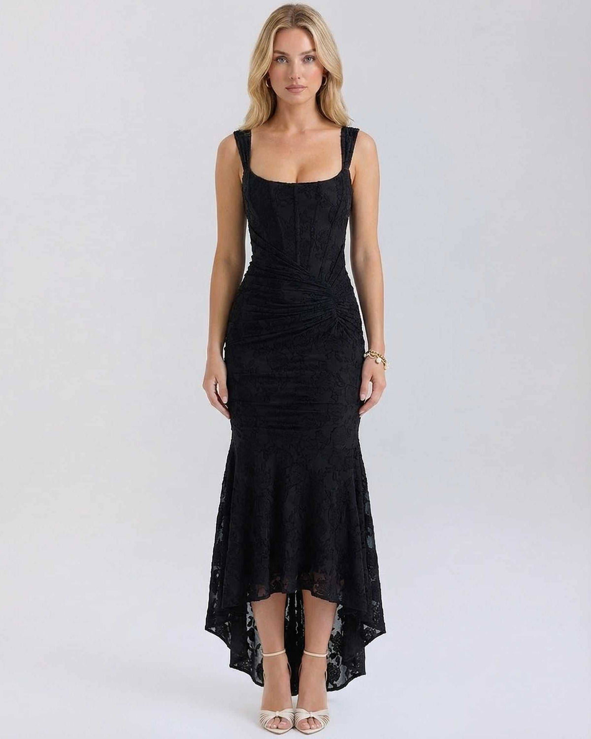 Noir Maxi Dress by Lauven - Elegant black jacquard dress with square neckline and flowing fish tail hem.