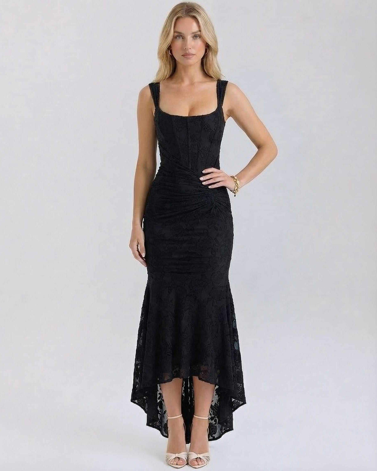 Noir Maxi Dress by Lauven: Elegant black jacquard dress with square neckline and flowing fish tail hem.
