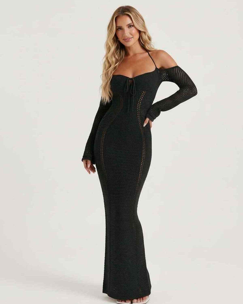 Noir Maxi Dress - Black Long Sleeve Bodycon Maxi with Halter Neck, Open Back; Elegant by Lauven.