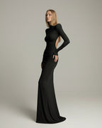 Noir Maxi Dress by Lauven, black long sleeve dress with ruched open back design and a sleek silhouette.