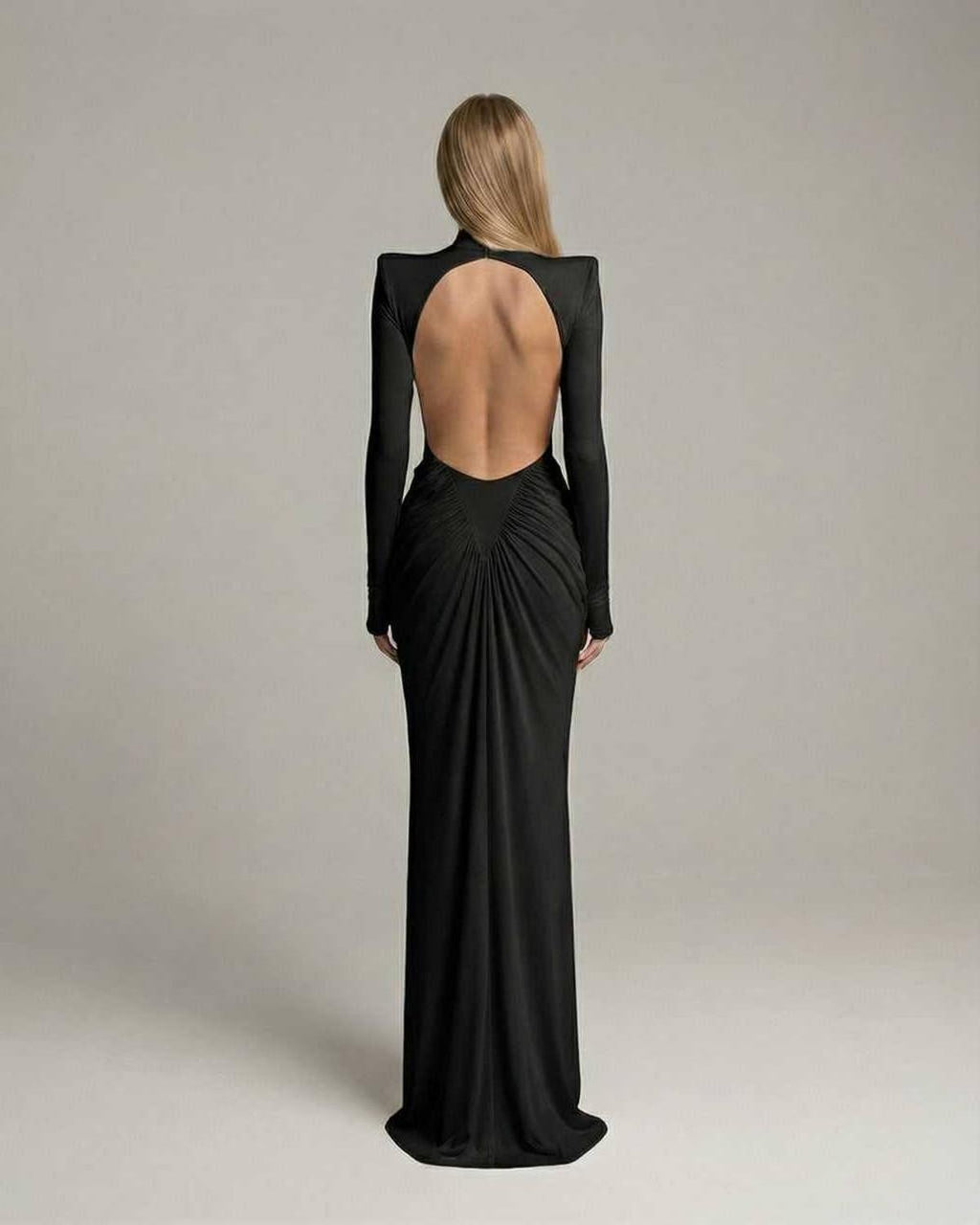 Noir Maxi Dress by Lauven, black dress with high neck, long sleeves, ruched open back, elegant evening look.