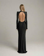 Noir Maxi Dress by Lauven, black dress with high neck, long sleeves, ruched open back, elegant evening look.