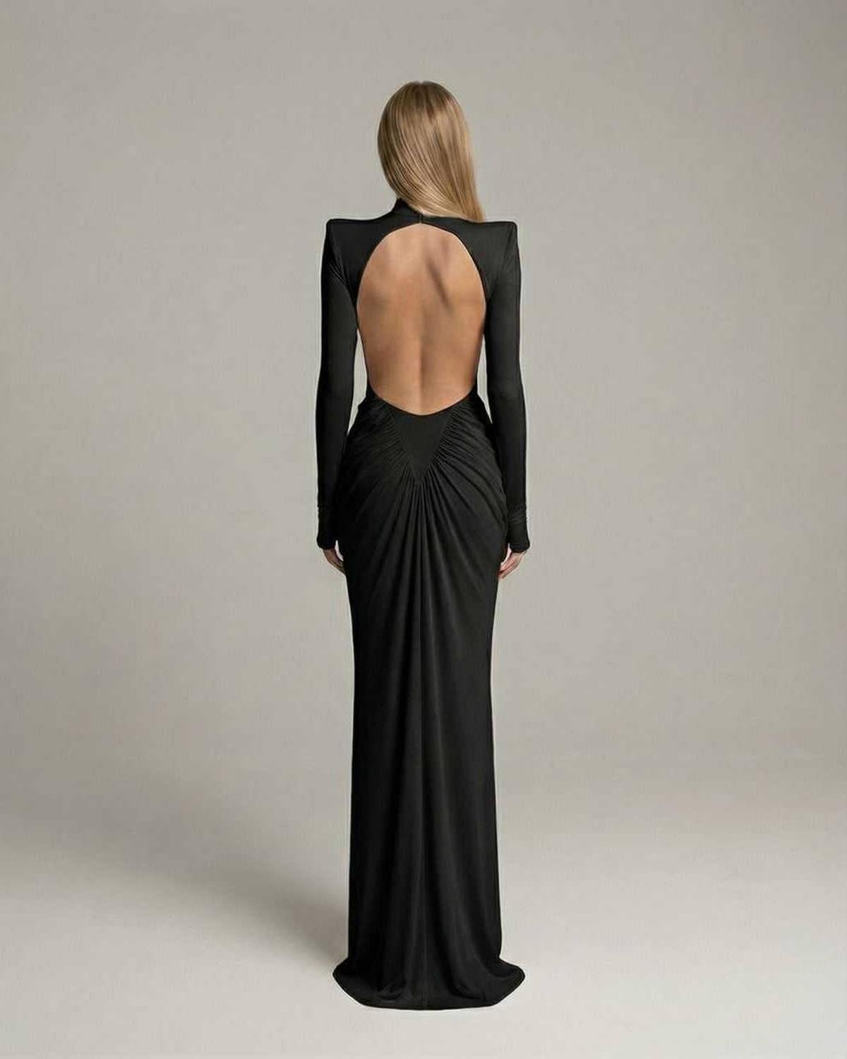 Noir Maxi Dress by Lauven, black dress with high neck, long sleeves, ruched open back, elegant evening look.