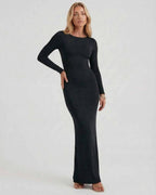 Elegant Lauven Noir Maxi Dress in black, featuring long sleeves and an open back design for formal occasions.
