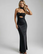 Noir Maxi Dress by Lauven - Elegant black satin gown with a strapless neckline and rose detail.