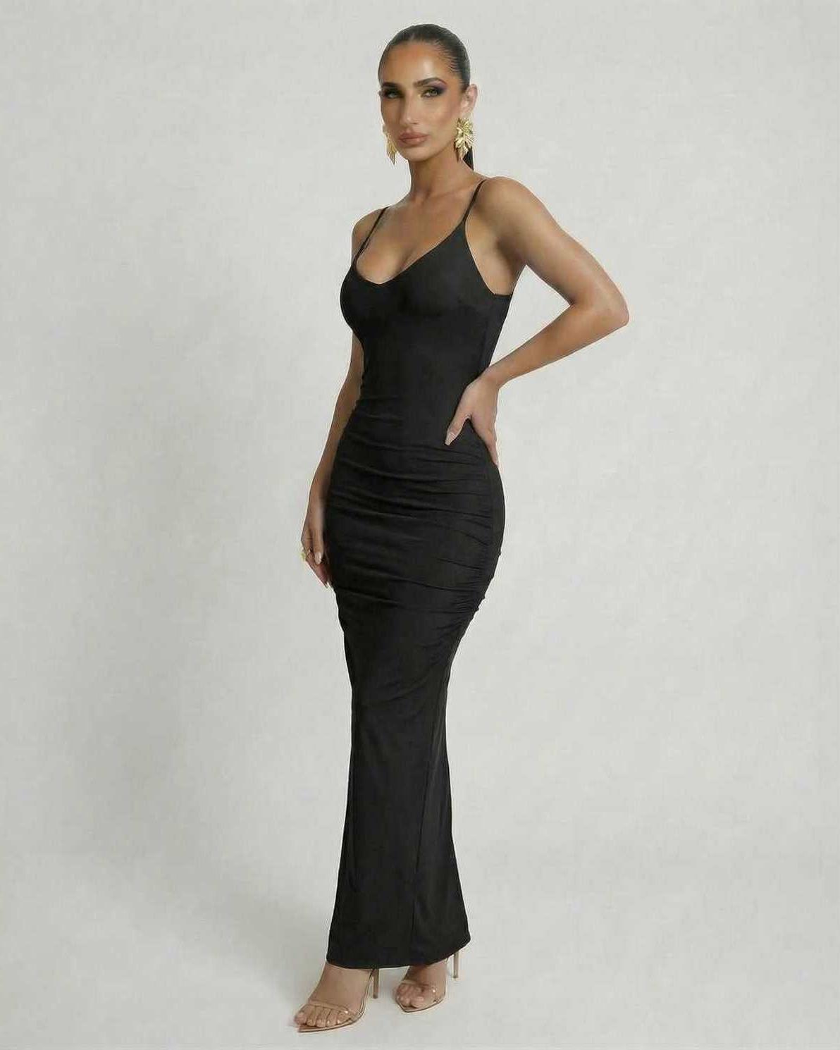 Noir Maxi Dress by Lauven, sleek black sleeveless bodycon with delicate spaghetti straps and a flattering silhouette.
