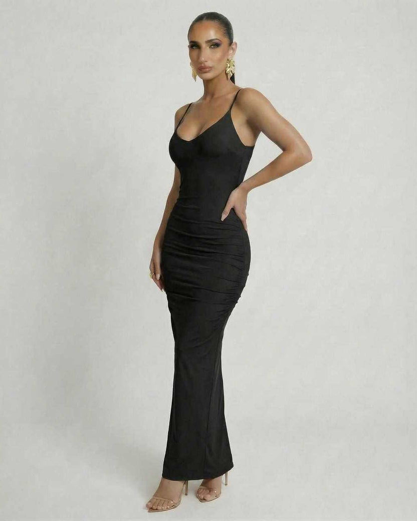 Noir Maxi Dress by Lauven, sleek black sleeveless bodycon with delicate spaghetti straps and a flattering silhouette.