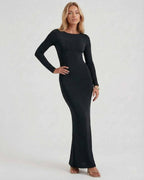 Lauven Noir Maxi Dress featuring elegant long sleeves and flattering open back design.