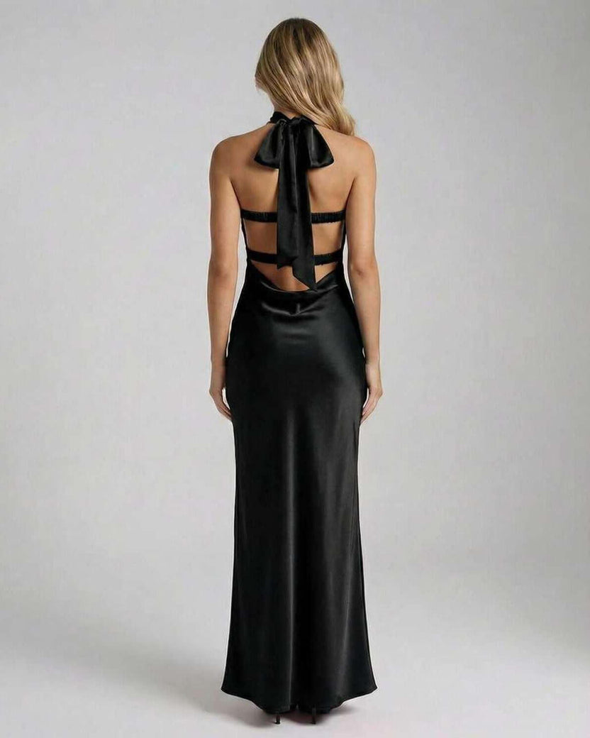 Noir Maxi Dress by Lauven, showcasing the elegant back design with a satin finish and stylish bow detail.