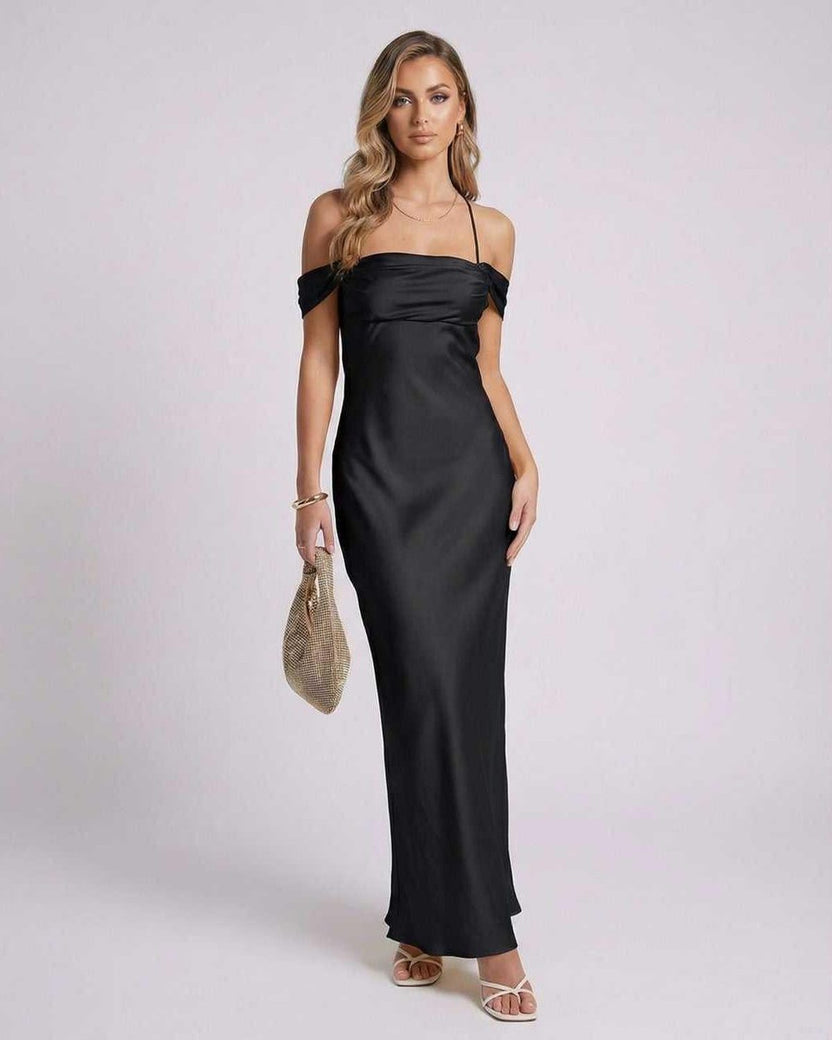 Noir Maxi Dress featuring off-the-shoulder design, satin-like finish, by Lauven, perfect for elegant occasions.