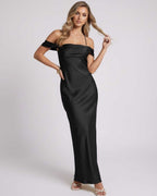 Noir Maxi Dress showcasing a sleek off-the-shoulder satin slip silhouette, perfect for elegant styling by Lauven.