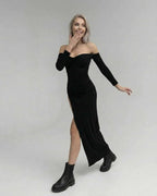 Noir Maxi Dress by Lauven, off-the-shoulder slim fit, elegant ankle-length black dress, perfect for stylish occasions.