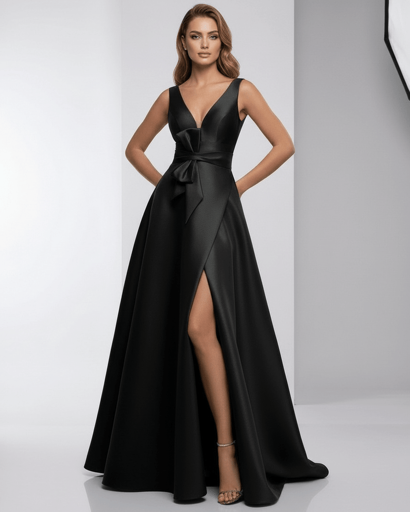 Noir Maxi Dress by Lauven, a satin A-line dress with a V-neck and elegant split, perfect for formal events.