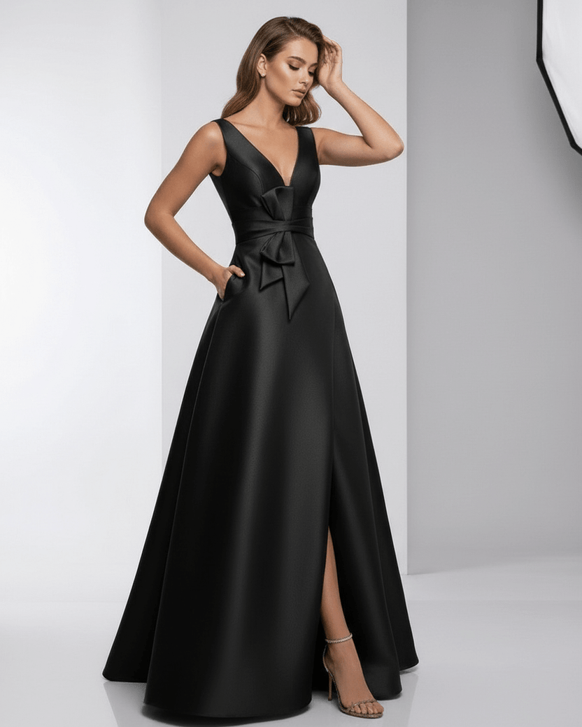 Noir Maxi Dress by Lauven – Satin A-Line V-Neck, elegant evening wear with pockets, refined silhouette and timeless appeal.
