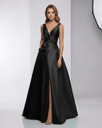 Noir Maxi Dress by Lauven – Satin A-Line V-Neck Floor-Length with chic elegance and a polished look for evening wear.