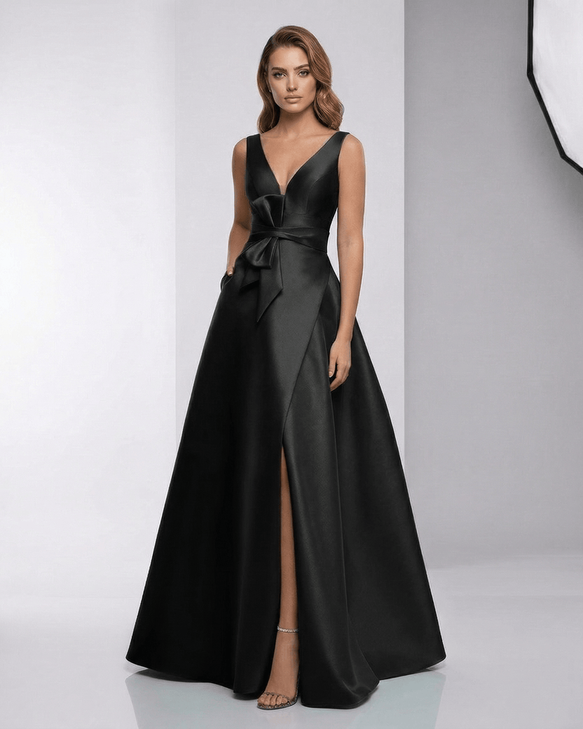 Noir Maxi Dress by Lauven – Satin A-Line V-Neck Floor-Length with chic elegance and a polished look for evening wear.