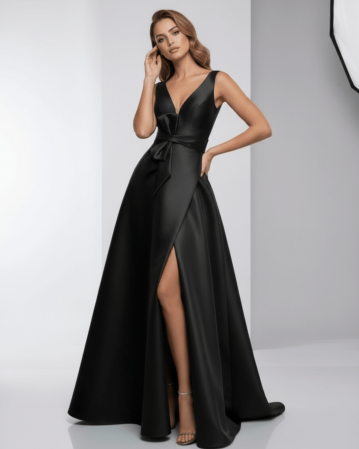 Noir Maxi Dress by Lauven, featuring satin A-line design, deep V-neck, elegant and polished for formal occasions.