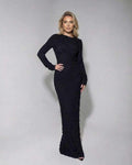 Noir Maxi Dress by Lauven - Textured black long sleeve knitted maxi dress with elegant silhouette.