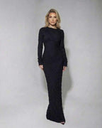 Noir Maxi Dress by Lauven, textured black long sleeve knitted maxi dress for formal occasions.