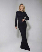 Noir Maxi Dress by Lauven - Textured black long sleeve knitted dress showcasing a slim silhouette.