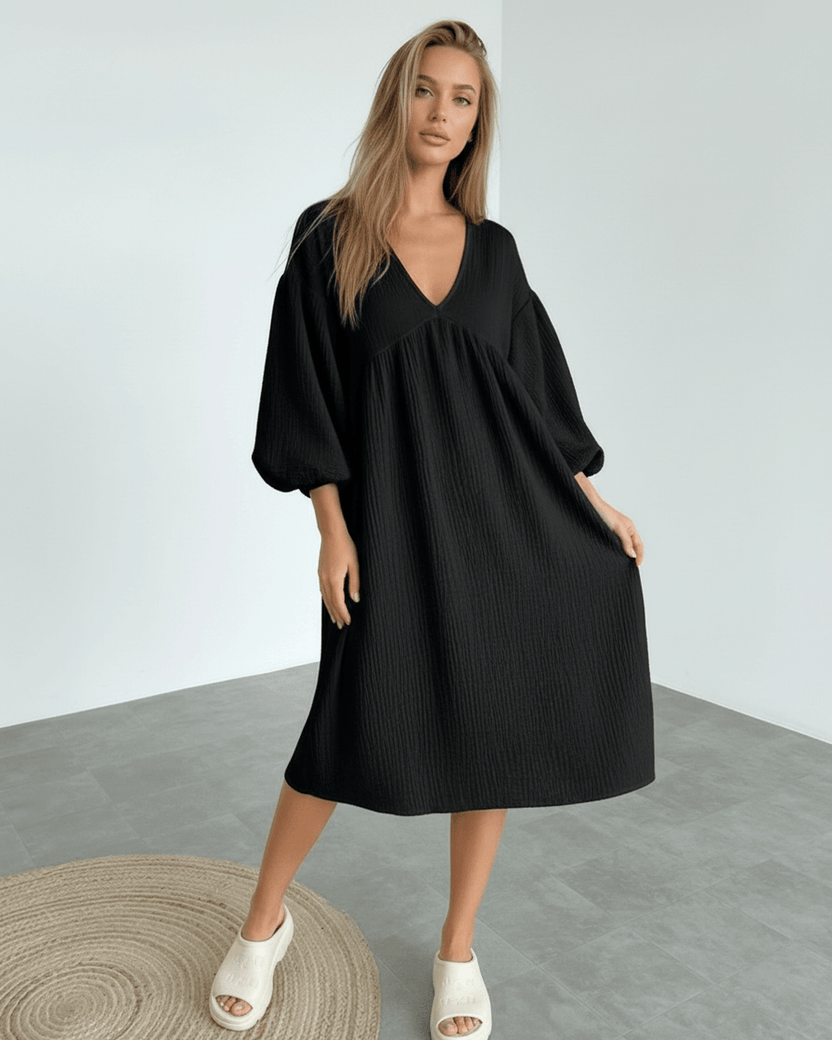 Noir Midi Dress – Black Cotton Midi Dress with Puff Sleeves by Lauven for timeless and effortless sophistication.