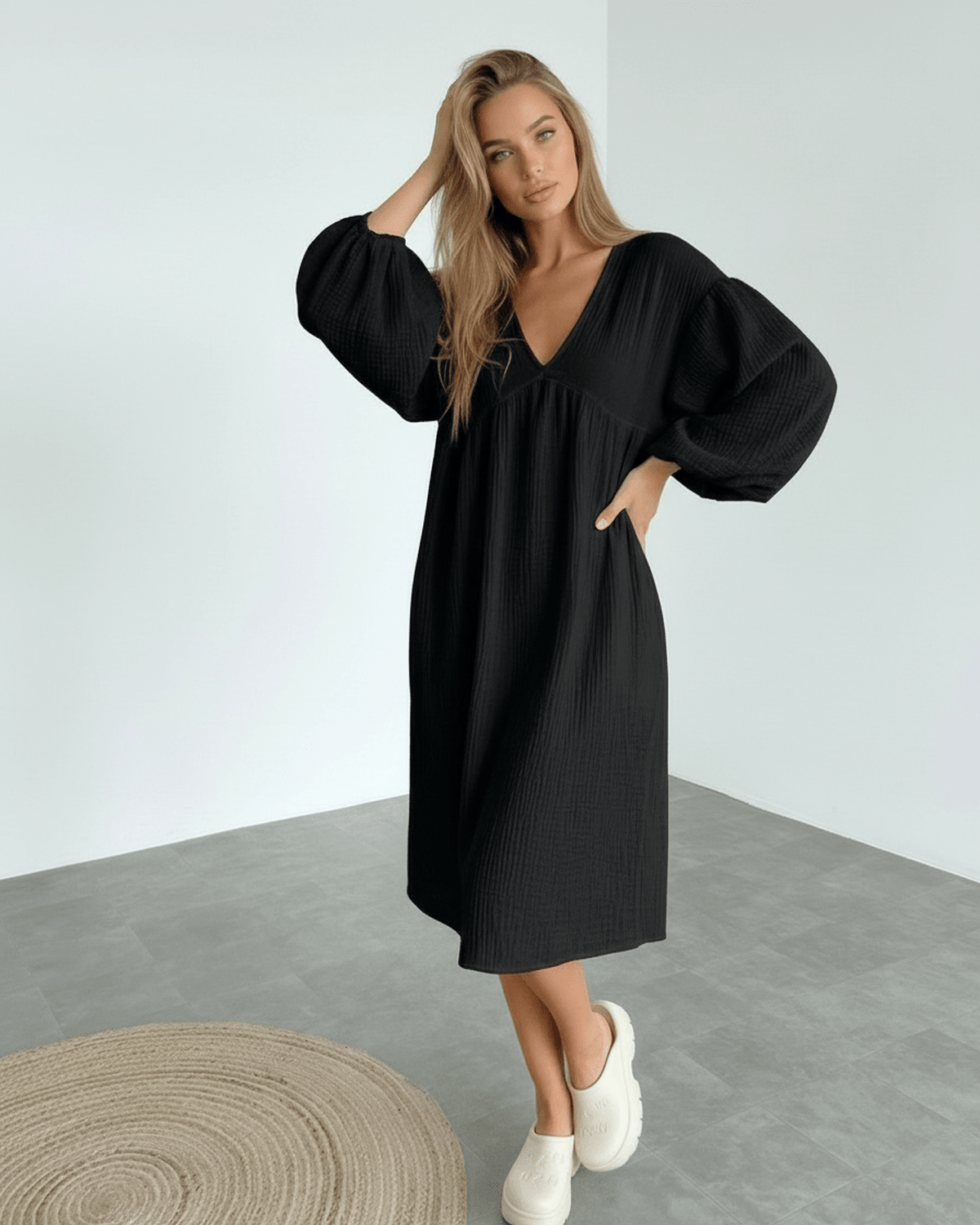 Noir Midi Dress by Lauven – Black cotton dress with puff sleeves, v-neck design for effortless sophistication.