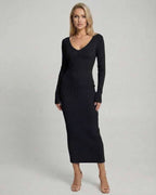 Noir Midi Dress by Lauven - Stylish black ribbed V-neck knit dress, perfect for elegant outings.
