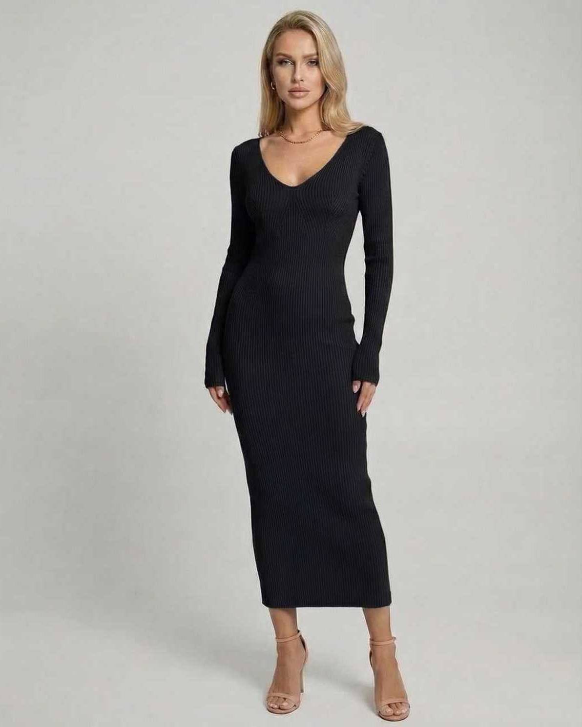 Noir Midi Dress by Lauven - Stylish black ribbed V-neck knit dress, perfect for elegant outings.