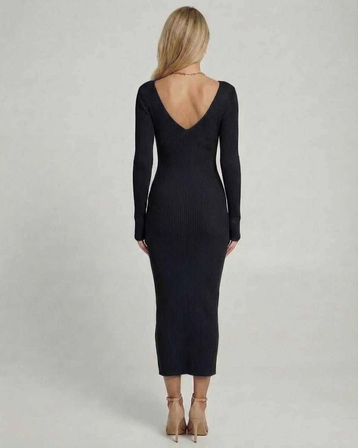 Noir Midi Dress by Lauven, back view of sleek black ribbed V-neck knit dress, showcasing backless design.