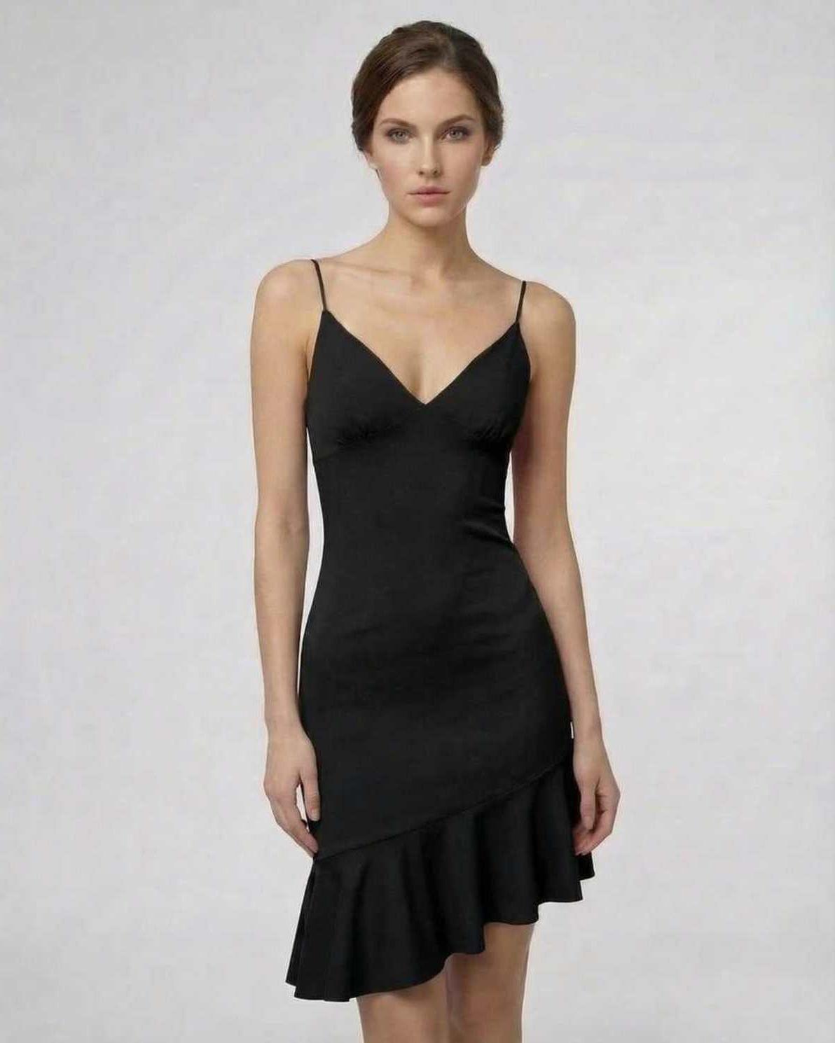 Noir Mini Dress by Lauven, sleek black A-line with ruffle detail, perfect for modern elegance.