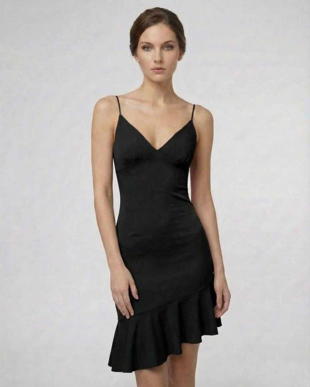 Noir Mini Dress by Lauven - Elegant black A-line dress with ruffle detail and a flattering silhouette.