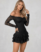 Noir Mini Dress by Lauven in black lace with ruffled hem and off-the-shoulder neckline, perfect for elegant occasions.