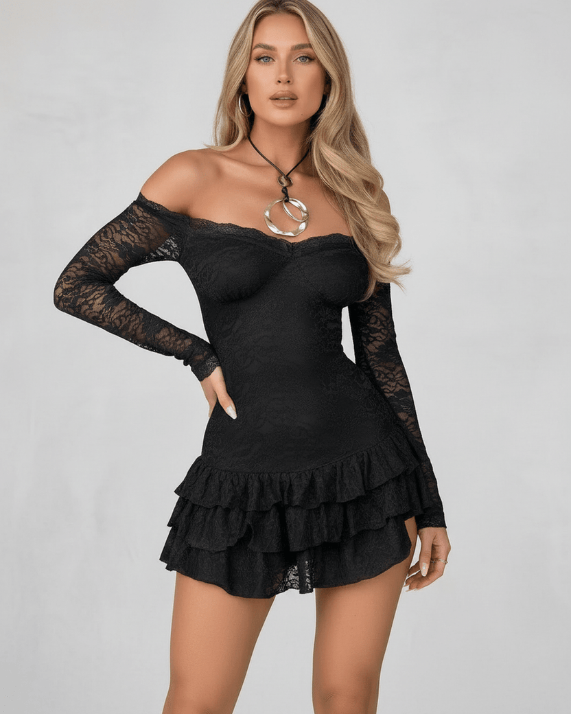 Model wearing Lauven Noir Mini Dress in black lace with ruffled hem and off-the-shoulder neckline.