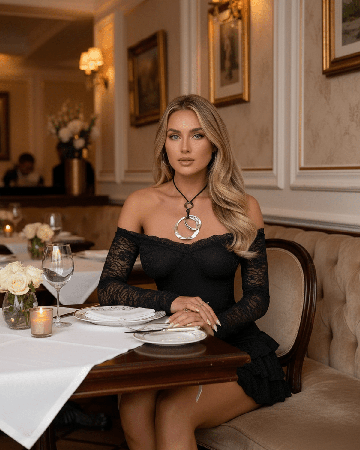 Elegant woman wearing Noir Mini Dress from Lauven, featuring black lace and ruffled hem, dining in a sophisticated restaurant.