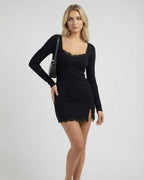 Noir Mini Dress - Black long sleeve mini dress with lace trim and square neck by Lauven, offering a smooth, sculpted silhouette.