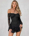 Noir Mini Dress by Lauven in black lace with ruffled hem, showcasing off-the-shoulder design and sheer sleeves.