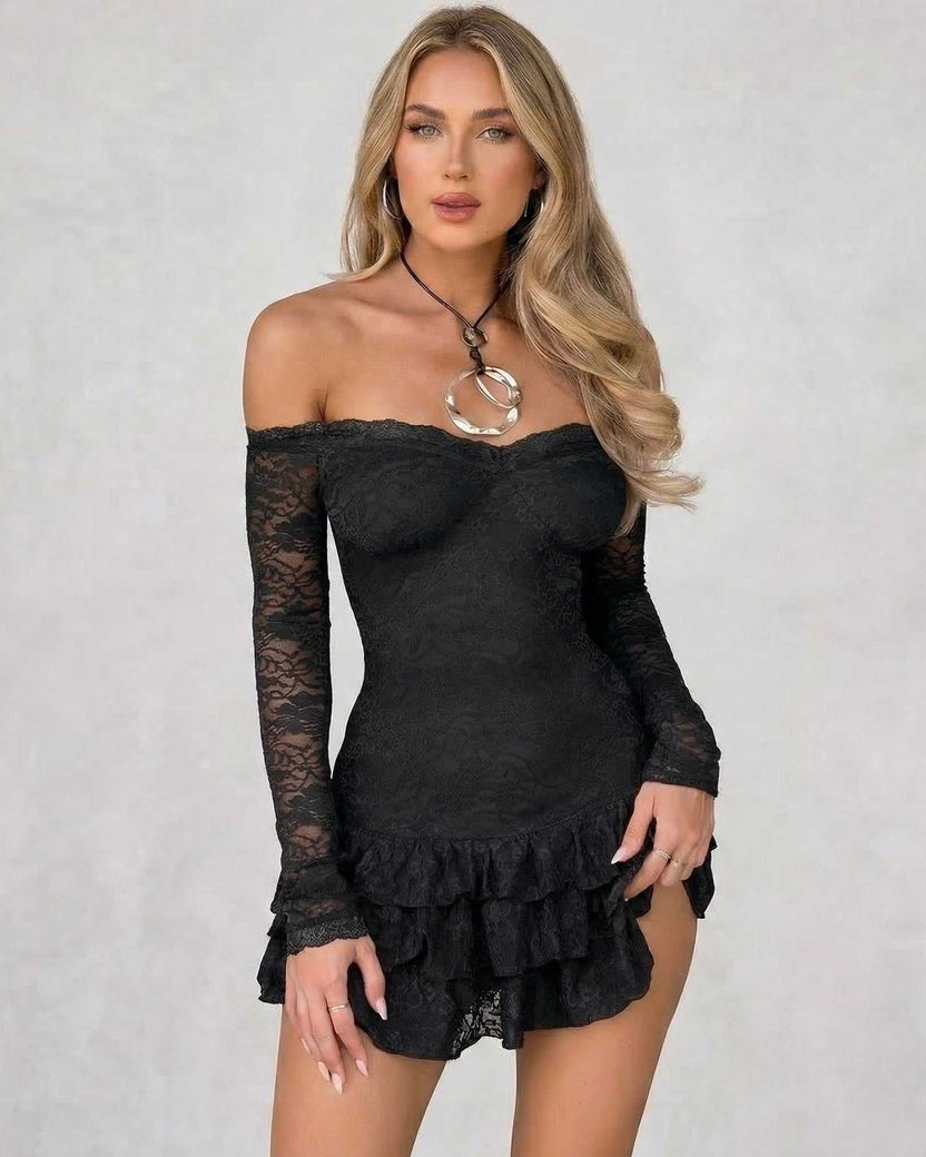 Noir Mini Dress by Lauven in black lace with ruffled hem, showcasing off-the-shoulder design and sheer sleeves.