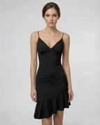 Noir Mini Dress by Lauven, featuring a sleek black A-line silhouette and ruffle detail for an elegant look.