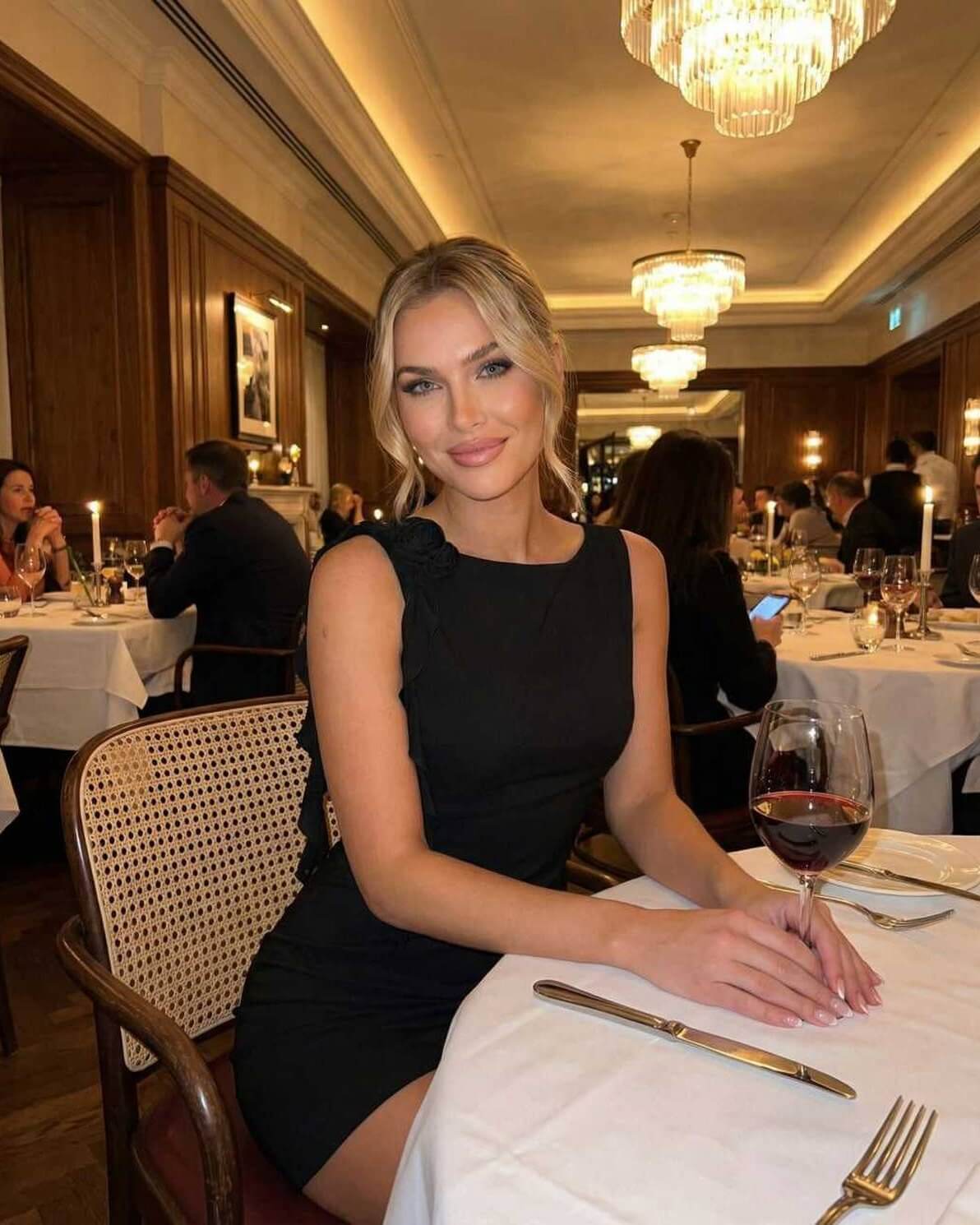 Elegant woman wearing a Noir Mini Dress by Lauven, seated at a candlelit dinner table.